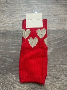 Max Studio Kids Red Knit Leg Warmers with Cream Heart Motif